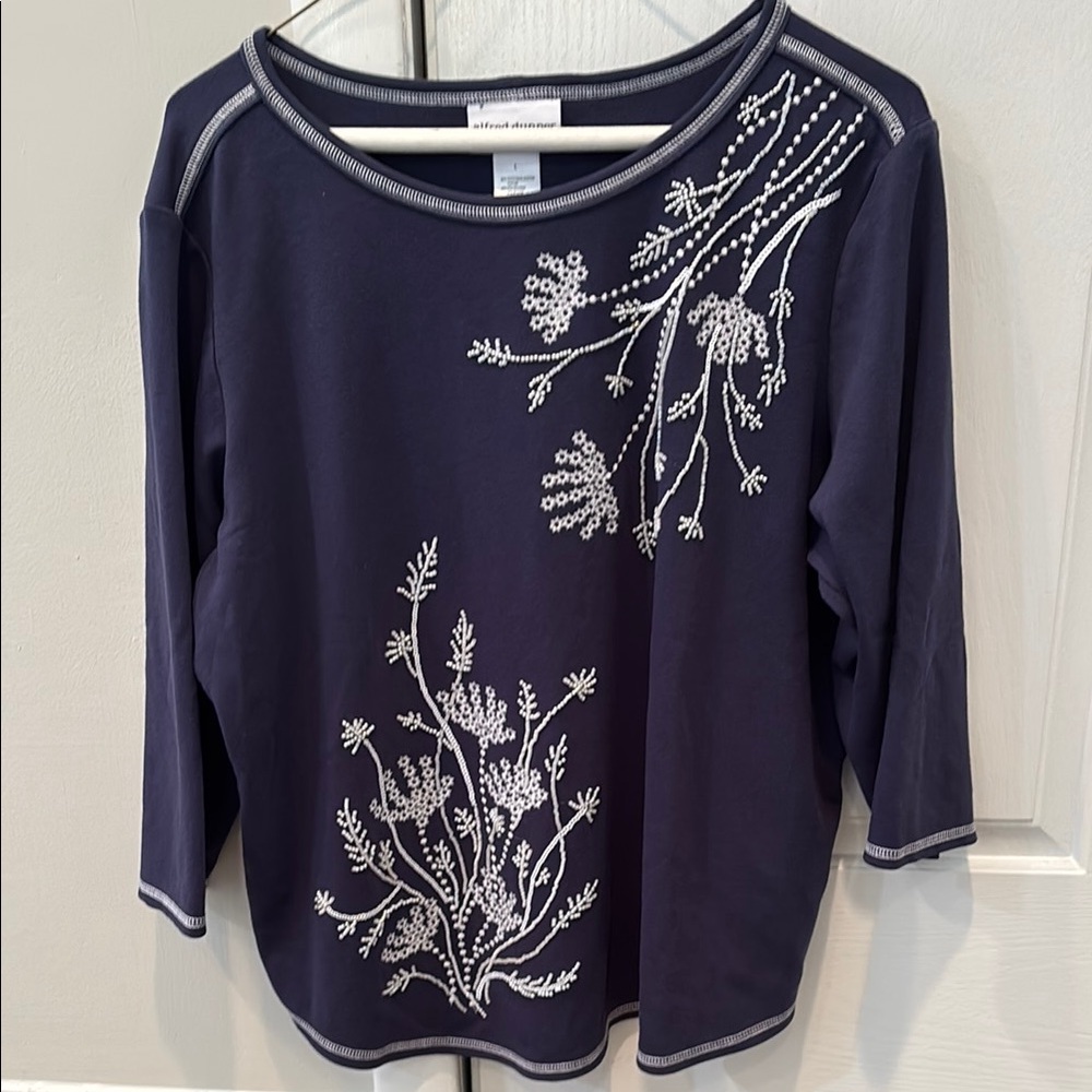 Alfred Dunner Blue Graphic 3/4 Sleeve Blouse